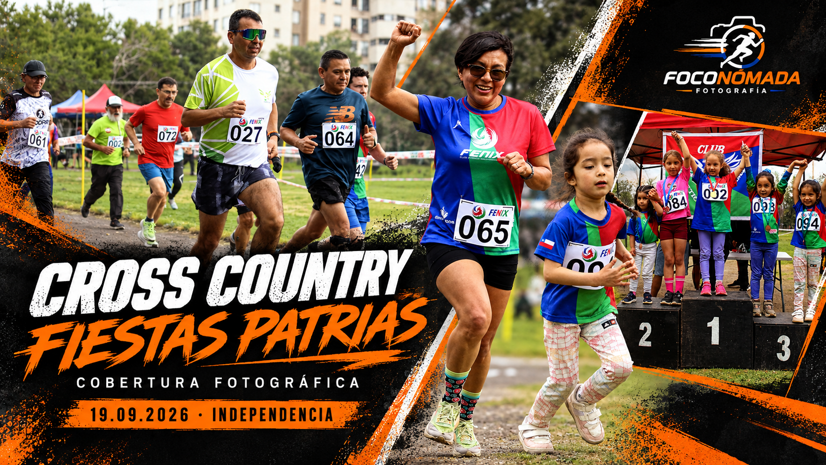 Portada de la cobertura Cross Country Fiestas Patrias con corredores y podio infantil